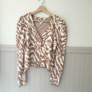 Nine West Beige White Animal Patterned Button Cardigan Puff Sleeve Size Medium